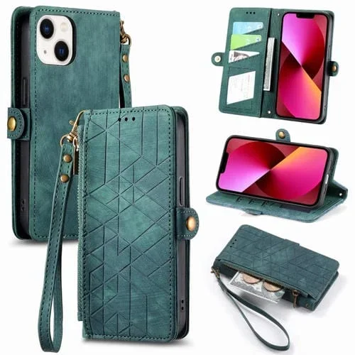 Cartera para iPhone 13 con Cremallera Caja de Cuero Geométrica con Hebilla Lateral (Verde)