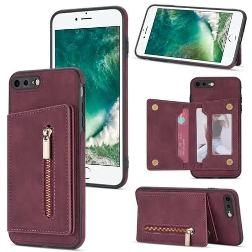 Case de Teléfono Soporte de Tarjeta Cremallera para iPhone 8 Plus / 7 Plus (Vino Rojo)