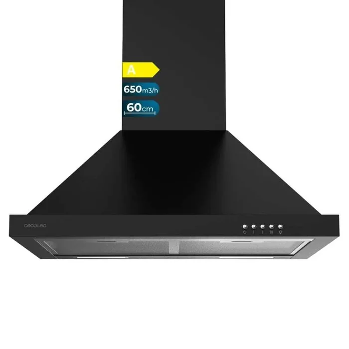 Cecotec Campana Extractora 60 cm Piramidal Bolero Flux PM 606500 Black A. Motor 165W, Acabado Inox, Succión 650m3/h, Control Mecánico, 3 Niveles de Potencia, Luz y Filtro de Carbono