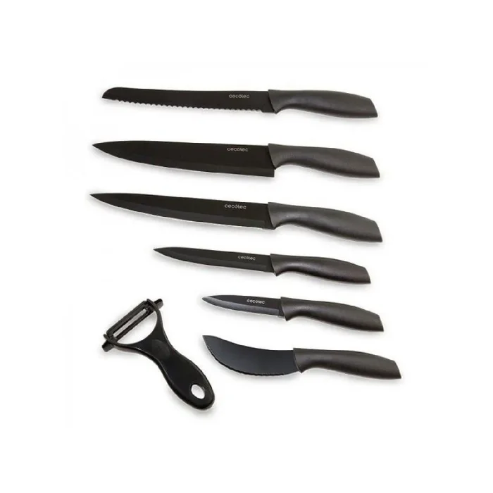 Cecotec Juego de 7 Cuchillos Profesionales Cuchillos Titanium. Acero Inoxidable, Recubrimiento cerámico, Hoja de 2mm de grosor, Incluye Estuche