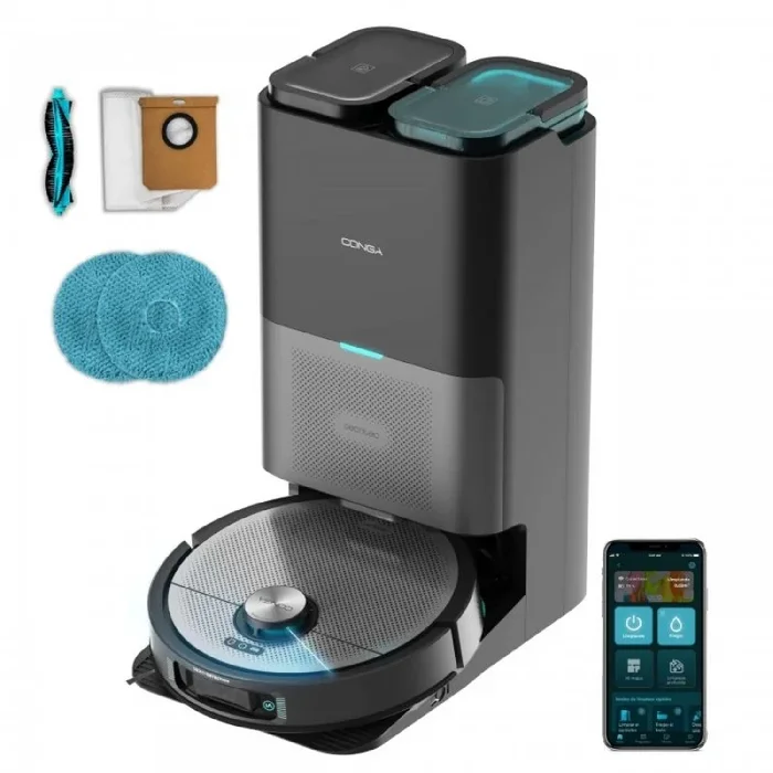 Cecotec Robot Aspirador y Friegasuelos Conga 16090 AI SpinArm Home&Wash. 8000Pa, App, Navegación Láser, Base Autovaciado con Tanques de Polvo y Agua, Limpieza-Secado de Mopas, Cepillo Silicona