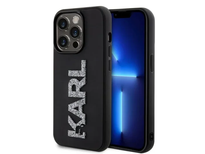 CG MOBILE Karl Lagerfeld Funda con Logotipo de Karl con Purpurina 3D para iPhone 15 Pro (Negro)