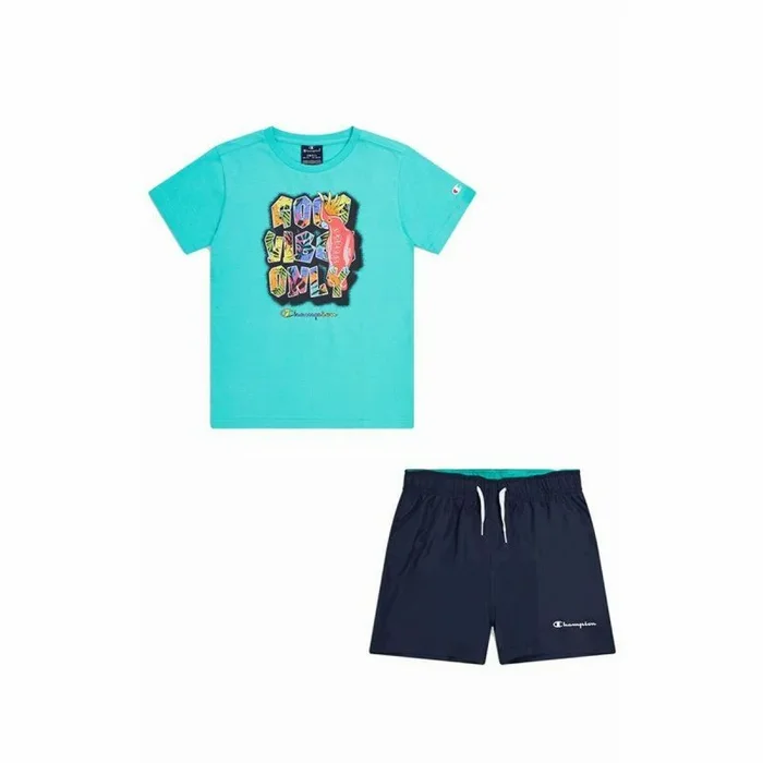Champion Legacy Back To The Beach B-Graphic Crewneck T-Shirt & WR Shorts Completo, Verde Aguamarina Azul Marino, 15-16 Años para Niños