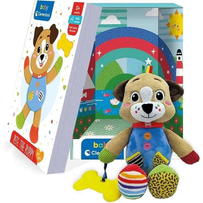 Clementoni Pete EK Cachorro, 0 Meses.Peluche, Jugar también con la Caja como Escenario. Un simpático Perrito de Peluche con mordedor para acompañar al bebé (17759), Multicolor, Small