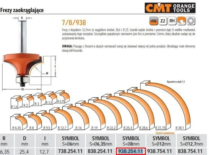 Cmt frez zaokrąglający z łożyskiem hm r= 6,35 d=25,4 i=12,7 s=8