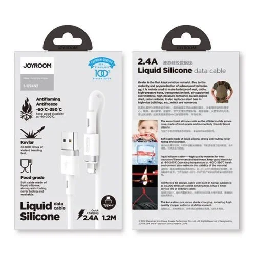 COFI 1453 Cable de datos de silicona líquida USB-A compatible con iPhone 2,4 A, cable de carga, 1,2 m, color blanco