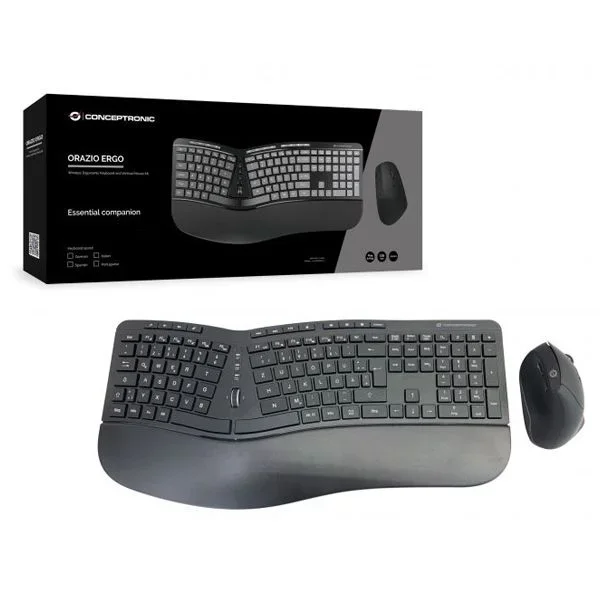 Conceptronic ORAZIO02DE Ergo – Juego de Teclado ergonómico y ratón Vertical inalámbrico, diseño alemán, Color Negro