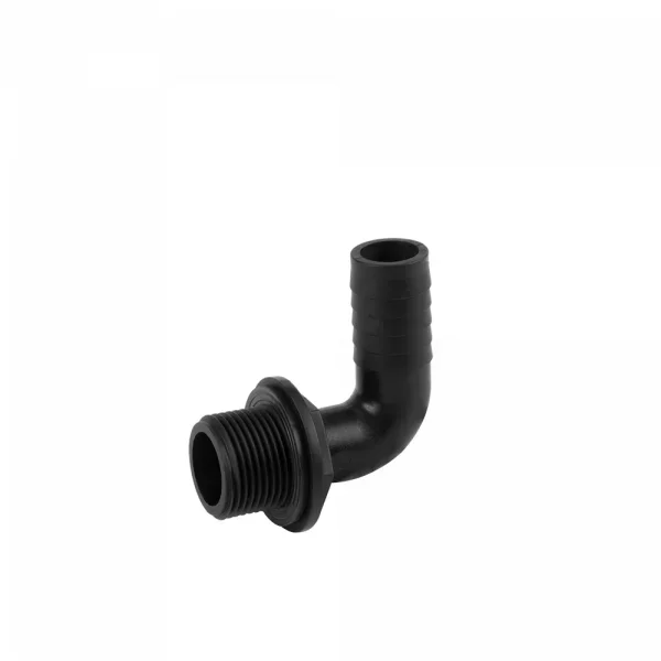 Conector angular para bombas, marca genérica, modelo GZ 1” a manguera 1”, uso en sistemas de riego y bombeo, instalación rápida, rosca metálica y alta resistencia