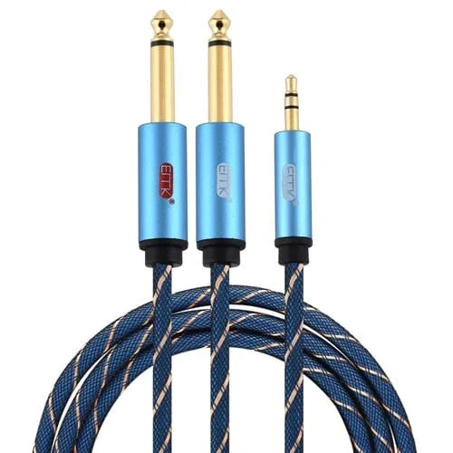 Conector Macho 3,5 mm a 2 Machos 6,35 mm EMK Cable Auxiliar Trenzado de Nailon Chapado en Oro 1,5 m (Azul Oscuro)