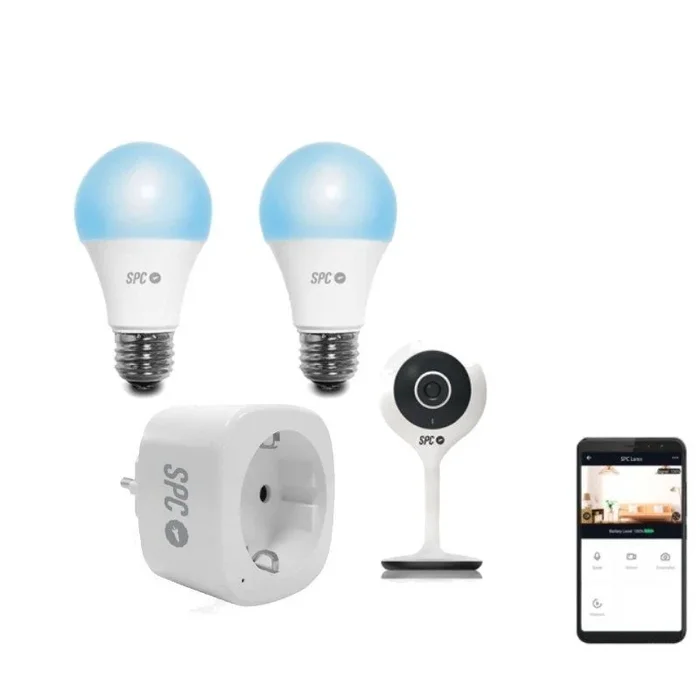 Connected home kit spc 6920k2 compuesto por enchufe inteligente wifi clever plug mini + cámara interior 115º + 2*bombillas sirius 1050