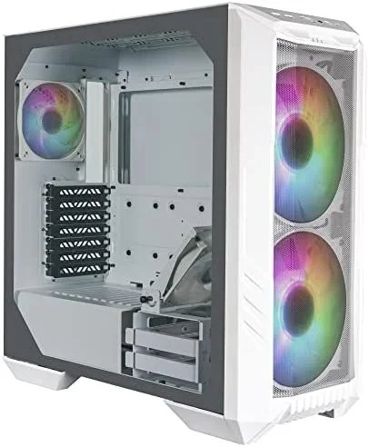 Cooler Master HAF 500 Caja PC Blanca – Mid-Tower, 2 Ventiladores ARGB Preinstalados de 200mm, Ventilador GPU Giratorio de 120mm, Refrigeración Versátil, Panel Lateral de Vidrio Templado, Top Extraíble
