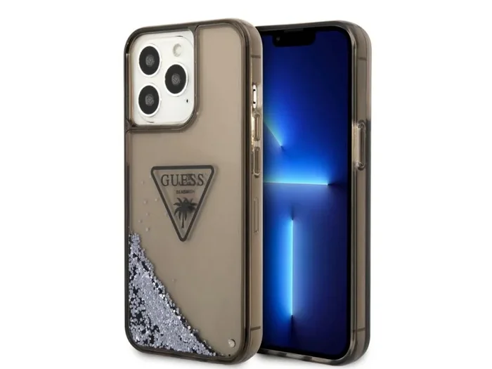 Coque guess glitter palm à paillettes flottantes pour iphone 14 pro max – noire translucide