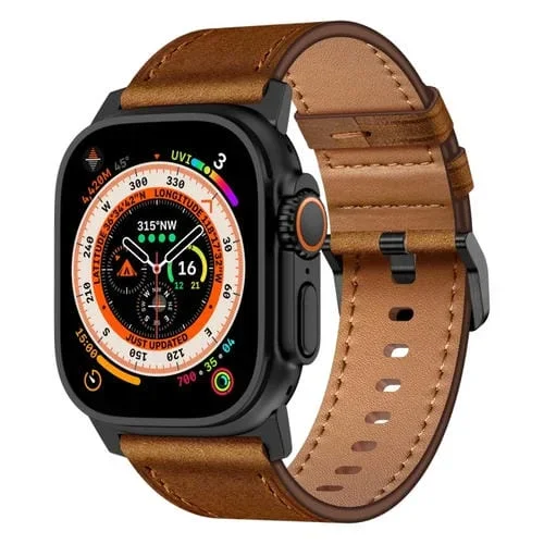 Correa Cuero Grano Superior Wilderness para Apple Watch Ultra 49mm (Conector Negro, Marrón Rojizo)