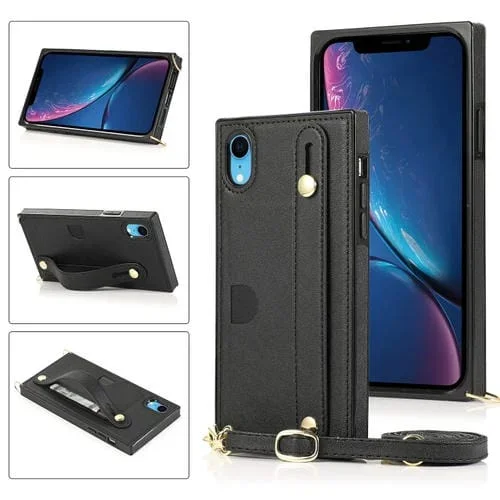 Correa de Muñeca PU + Funda TPU para iPhone Xr a Prueba de Golpes con Cordón Cruzado Soporte y Ranura para Tarjeta (Negro)