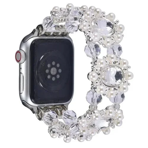 Correa de Reloj Apple Watch Series 3 38mm con perlas y piedras preciosas (Blanca)