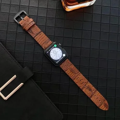 Correa de Reloj Cuero Genuino Cocodrilo Avestruz para Apple Watch Ultra 49mm y Series 8 7 45mm Marrón