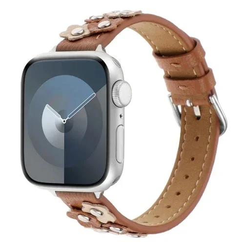 Correa de Reloj de Cuero con Flores Cosidas para Apple Watch Series 5 de 40mm (Marrón)