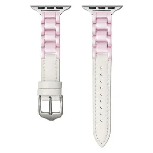 Correa de Reloj de Cuero con Hebilla Cerámica para Apple Watch Series 7 de 45mm (Blanca, Rosa y Plateada)