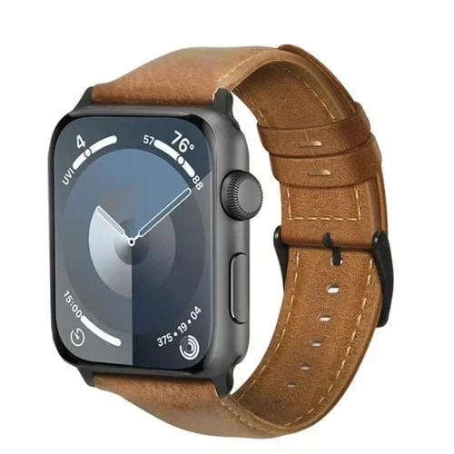 Correa de Reloj de Cuero Genuino con Cera de Aceite para Apple Watch Series 7 41mm (Amarillo Marrón)