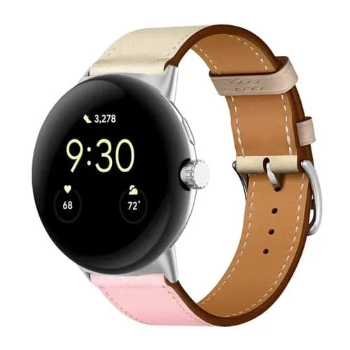 Correa de Reloj de Cuero Genuino para Google Pixel Watch (Rosa + Blanco)