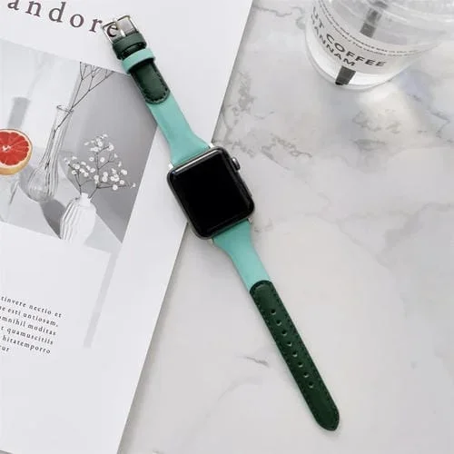 Correa de Reloj de Cuero para Apple Watch Series 8 y 7 41mm y SE 2 6 5 4 40mm y 3 2 1 38mm (Verde Oscuro + Verde Menta)