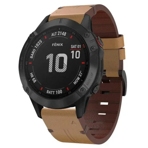 Correa de Reloj de Cuero para Garmin Fenix 6 Pro Gps 22mm con Hebilla de Acero (Marrón Claro)
