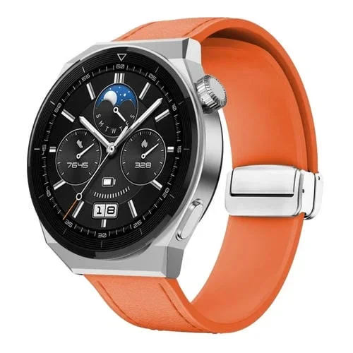 Correa de Reloj de cuero silicona 22mm naranja con hebilla plateada magnética