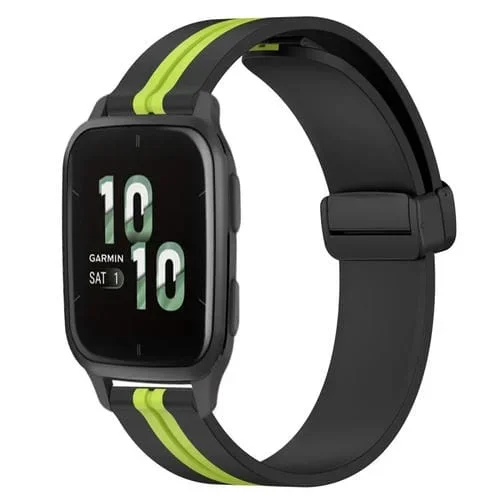 Correa de Reloj Garmin Forerunner Sq2 20mm Silicona con Cierre Magnético Plegable (Negro + Verde Lima)