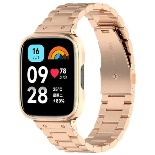 Correa de Reloj Metal para Redmi Watch 3 Lite y Watch 3 Active 2 En 1 con Marco (Oro Rosa)