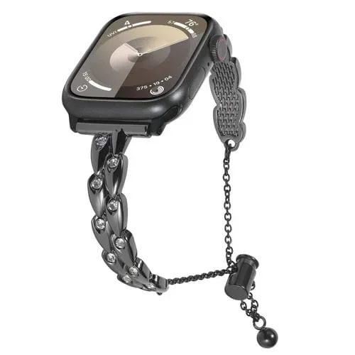 Correa de Reloj para Apple Watch Series 7 Pulsera de Metal Pavo Real con Diamantes de Imitación 45mm (Negro)
