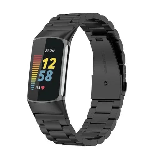 Correa de Reloj para Fitbit Charge 6 de acero inoxidable con tres cuentas (Negro)
