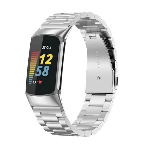 Correa de Reloj para Fitbit Charge 6 de Metal Acero Inoxidable con Tres Cuentas (Plateado)
