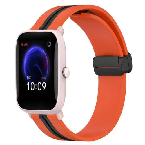Correa de Reloj Silicona para Amazfit Pop Pro 20mm con Cierre Magnético Plegable (Naranja + Negro)