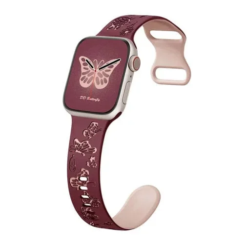 Correa de Silicona para Apple Watch SE 2023 40mm con Hebilla 8 y Mariposas (Rojo Vino y Rosa)