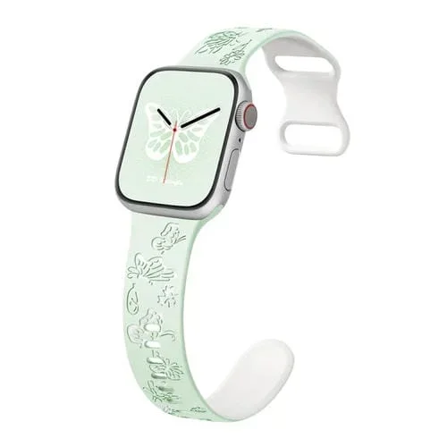 Correa de Silicona para Apple Watch Series 3 42mm con Patrón de Mariposa y Hebilla en Forma de 8 (Blanco Menta Claro)