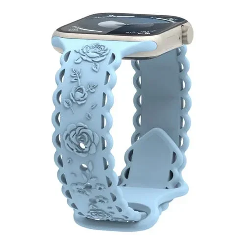 Correa de Silicona para Apple Watch Series 5 con Relieve de Rosa 3D y Encaje 40mm (Azul Claro)