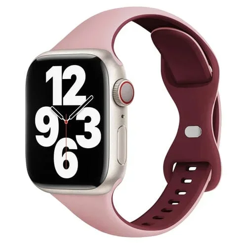 Correa de Silicona para Apple Watch Series 8 45mm con Hebilla de Mariposa Delgada Dos Colores (Rojo Vino Rosa)