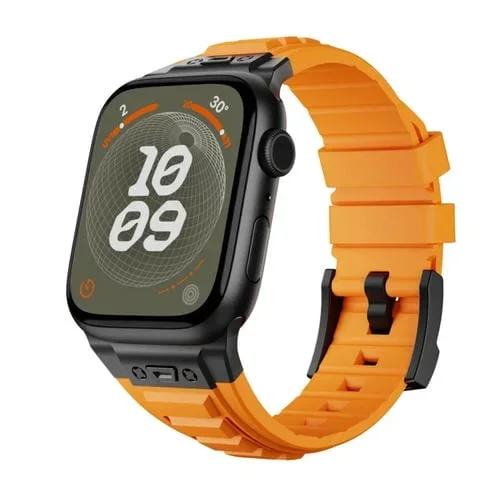 Correa de Silicona para Apple Watch Series 9 45mm con Conector de Metal (Naranja + Hebilla Negra)