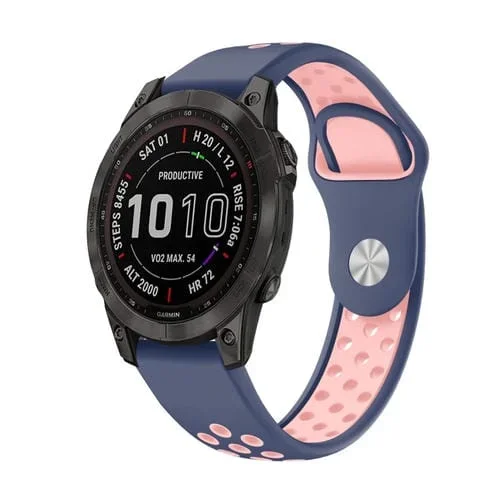 Correa de Silicona para Garmin Fenix 7 Pro 47mm Transpirable Deportiva (Azul Medianoche + Rosa)