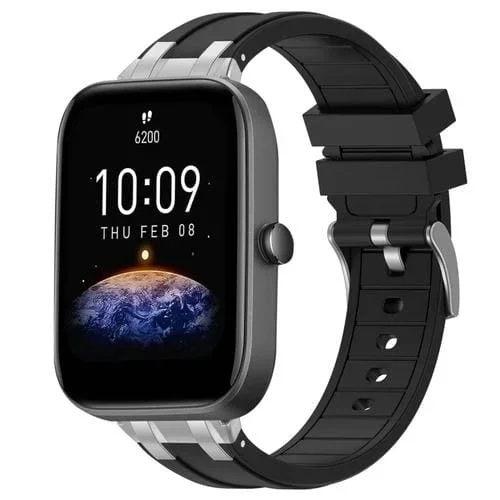 Correa de Silicona para Reloj Amazfit Bip3 Pro con Hebilla Plateada de Liberación Rápida 20mm (Negra)