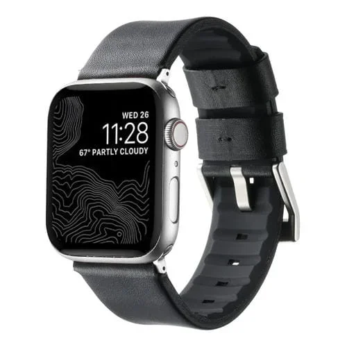 Correa para Apple Watch Series 9 45mm Silicona Híbrida Cuero Genuino (Negro) con Hebilla Plateada