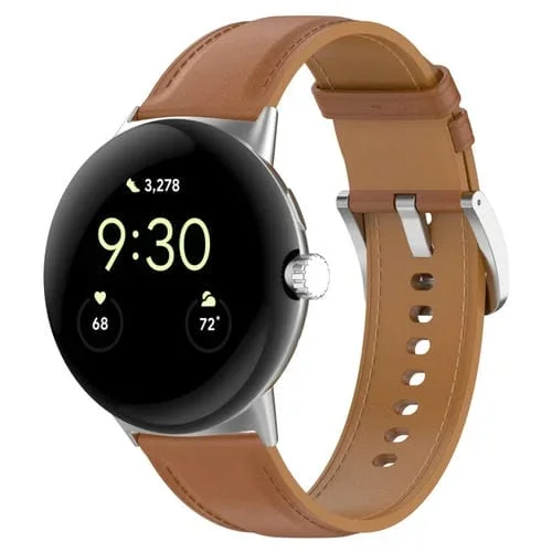 Correa para Google Pixel Watch 2 de Cuero de Capa Superior con Costura en Relieve (Marrón Claro)