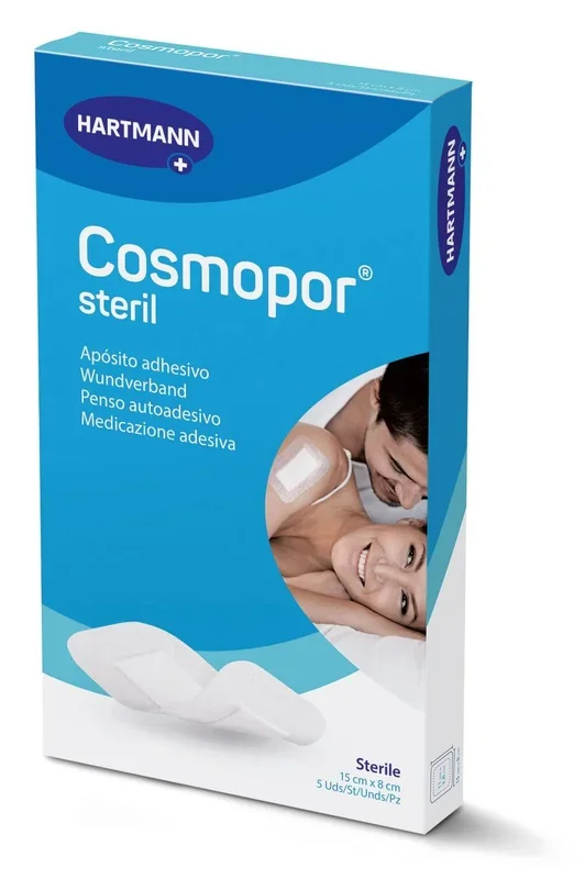 Cosmopor Steril: para el cuidado de lesiones y heridas. También para heridas quirúrgicas. Suave y con gran adherencia, adecuado para pieles sensibles; 15x8cm; 5 unidades