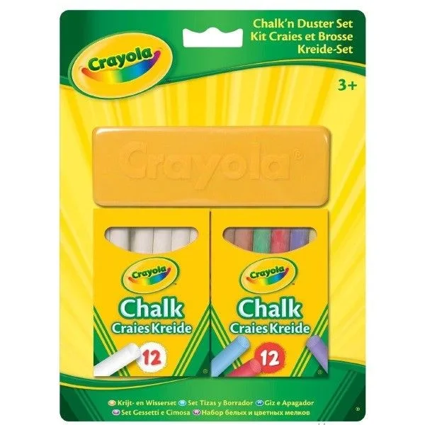 CRAYOLA – Juego de 2 Cajas de Tizas de Pizarra Y Borrador, 12 Tizas Blancas y 12 Tizas de Colores, 98268