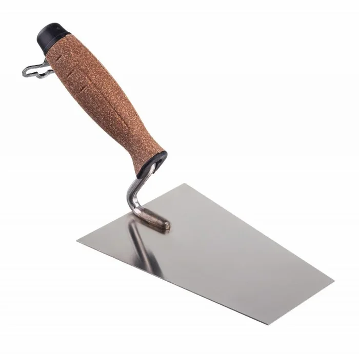 Cucharón trapezoidal pulido AWTools, modelo 200 mm, mango de corcho ergonómico, herramienta profesional para albañilería, alta precisión, durabilidad y control superior.