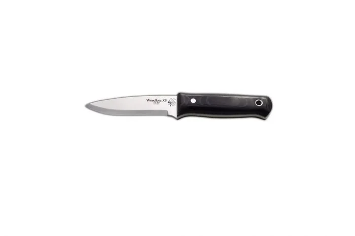 Cuchillo Bushcraft WOODLORE XS J&V con mango TRF negro, hoja de 8 cms y funda negra de piel, Herramienta de Camping para Pesca, Caza, Actividad Deportiva