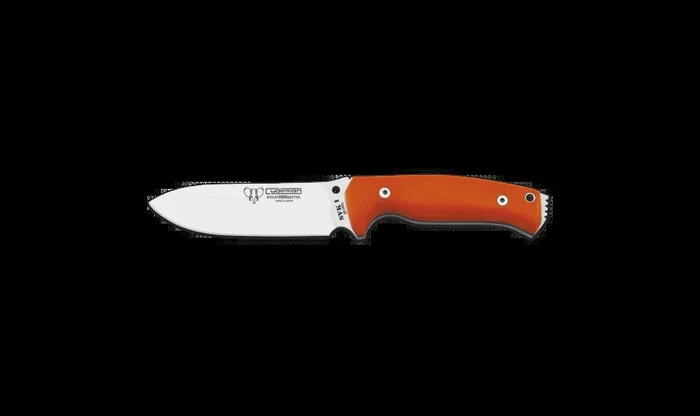 Cuchillo Cudeman 251-JC SVK1, hoja de 12 cm de acero BÖHLER N690CO, mango G-10 naranja, incluye funda de cuero negro, kit completo + tarjeta multiusos