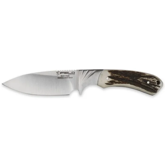 Cuchillo de caza deportivo iFIELD Camper EL29019, hoja 10,8 cms, grosor 3,8 mm, total 22,8 cm, mango de ciervo, con funda de piel, herramienta de camping para pesca, caza, actividad deportiva