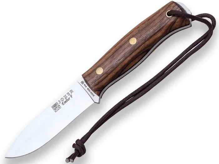 Cuchillo de caza deportivo Joker «Ember F», CN123-P, hoja de 10,5 cms, mango nogal, funda piel con pedernal, acero Sandvik 14C28N, Herramienta de pesca, caza, camping y senderismo