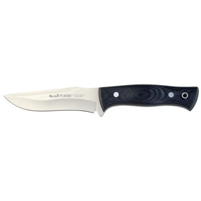 Cuchillo de caza enterizo Muela POINTER-12M. Cachas de Micarta en color negro y azul, acero MOVA (1.4116). Incluye funda de cuero en color negro + Tarjeta Multiusos de Regalo.